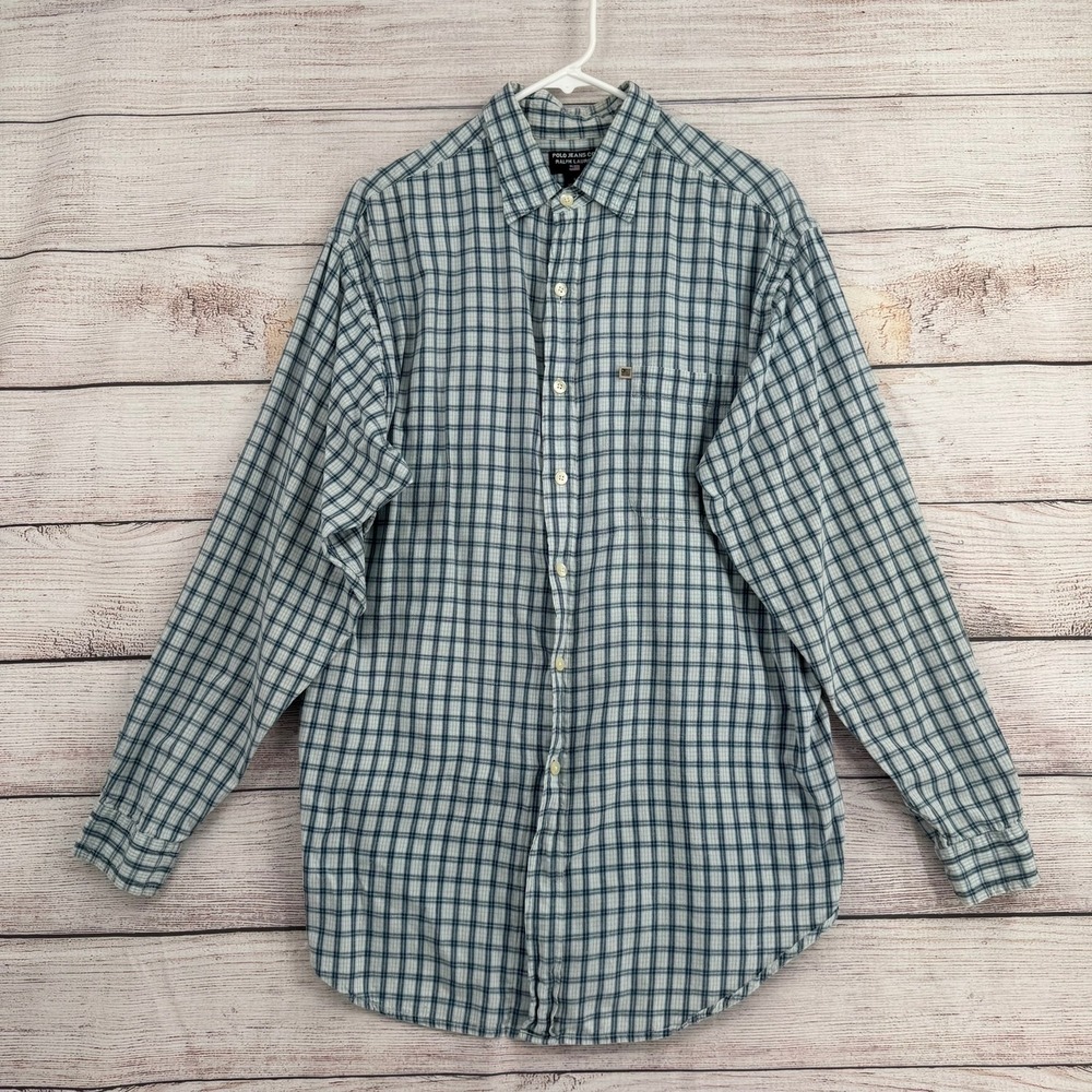 Polo Jeans Co Ralph Lauren Shirt Mens Large Blue Plaid Long Sleeve Button Down